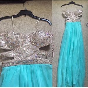 Teal blue and Gold sequined prom dress